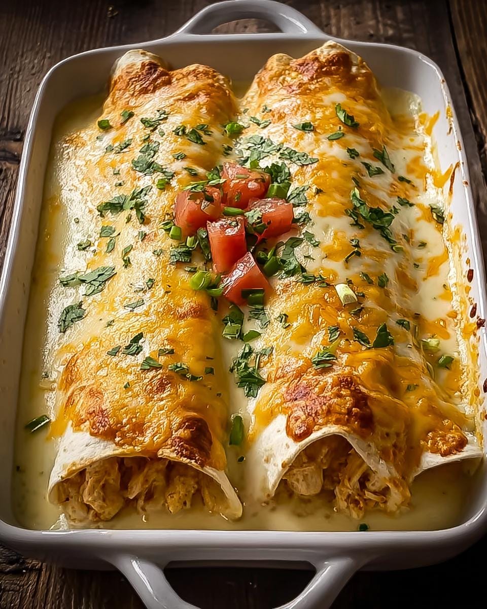 Close-up of two Easy Queso Chicken Enchiladas baked in a white dish, covered in melted cheese and garnished with tomatoes and cilantro.