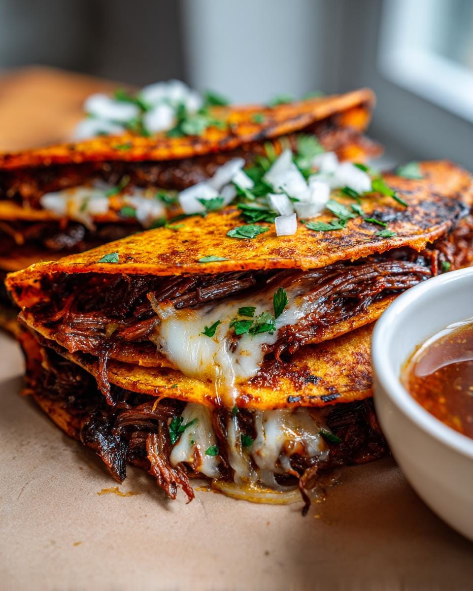 Close-up of stacked Easy Slow Cooker Birria Tacos filled with shredded beef and melted cheese, topped with onions and cilantro, with a side of consommé.