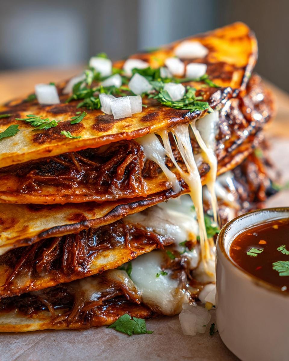 A stack of cheesy Easy Slow Cooker Birria Tacos, topped with onions and cilantro, with a side of consommé.