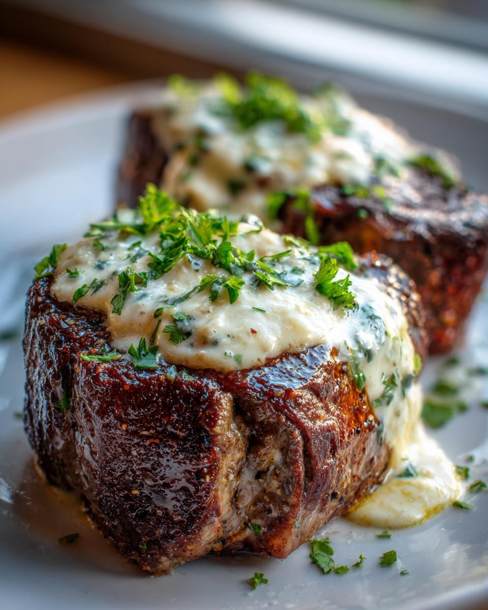 Close-up of two juicy Garlic Butter Steaks topped with creamy Parmesan sauce and fresh parsley.
