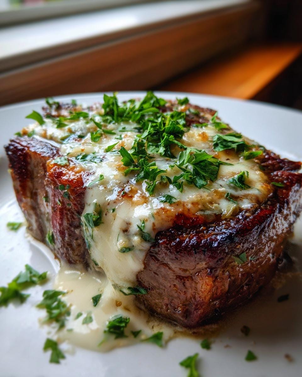 A juicy steak topped with creamy Parmesan sauce and fresh parsley, a delicious Garlic Butter Steak.