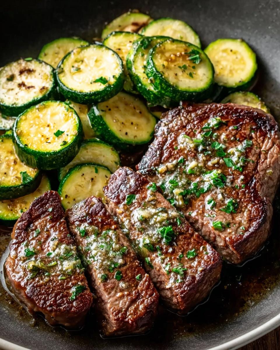 Close-up of a Garlic Butter Steak and Zucchini Skillet, showing sliced steak with garlic butter and pan-fried zucchini rounds.
