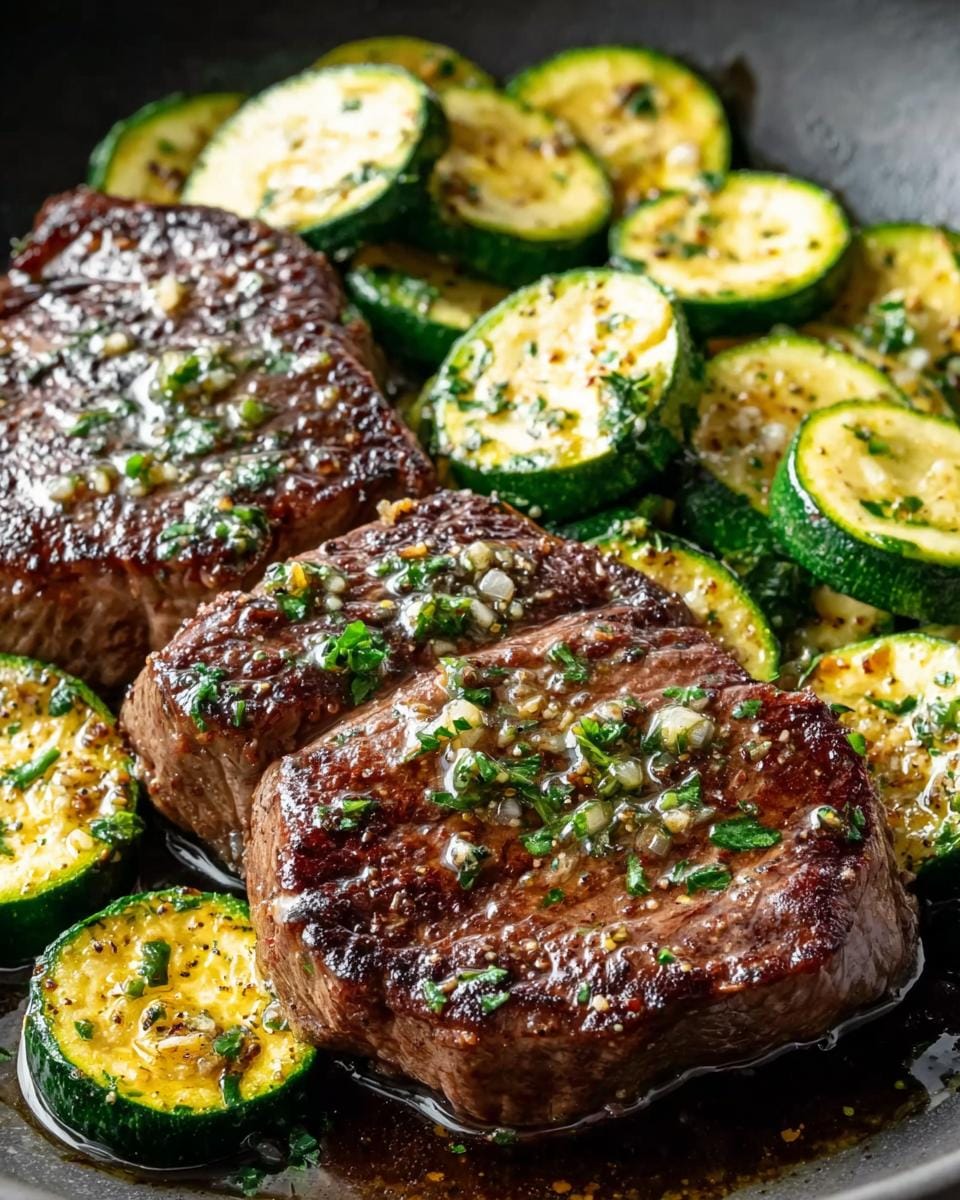 Close-up of juicy Garlic Butter Steak and Zucchini Skillet, showcasing seared steaks and tender zucchini slices.