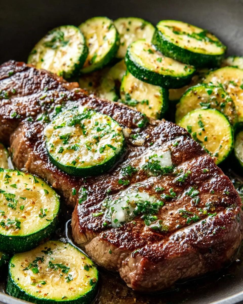 Close-up of a juicy Garlic Butter Steak and Zucchini Skillet, showing seared steak and tender zucchini slices.