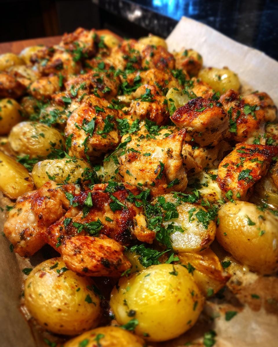 A close-up of baked Garlic Parmesan Chicken and Potatoes, garnished with fresh parsley.