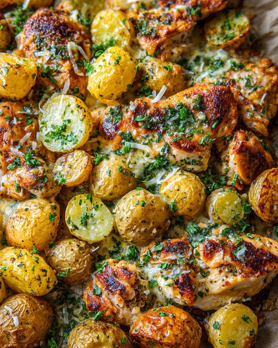 Close-up of golden brown Garlic Parmesan Chicken and Potatoes, topped with melted cheese and fresh parsley.