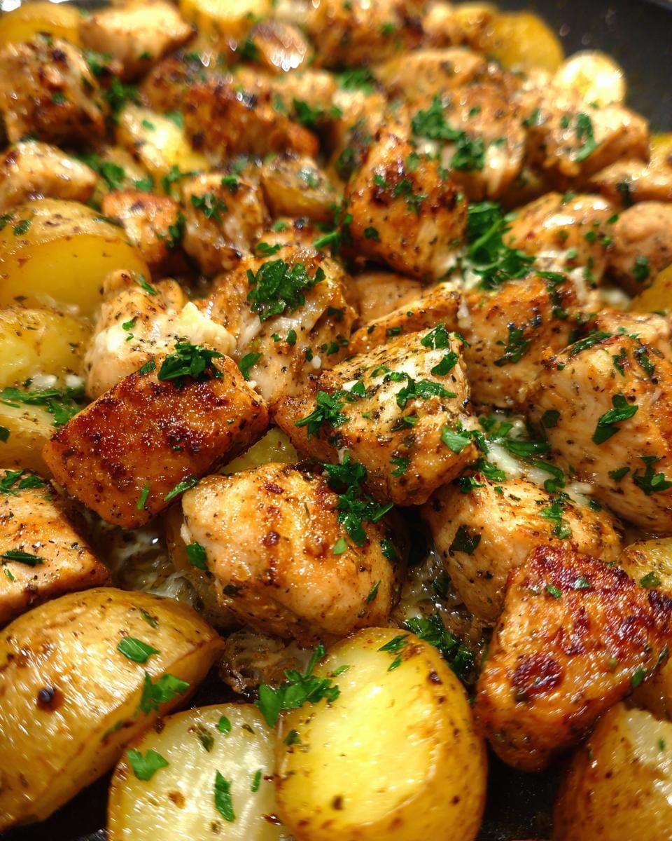 Close-up of golden-brown Garlic Parmesan Chicken and Potatoes, garnished with fresh parsley.