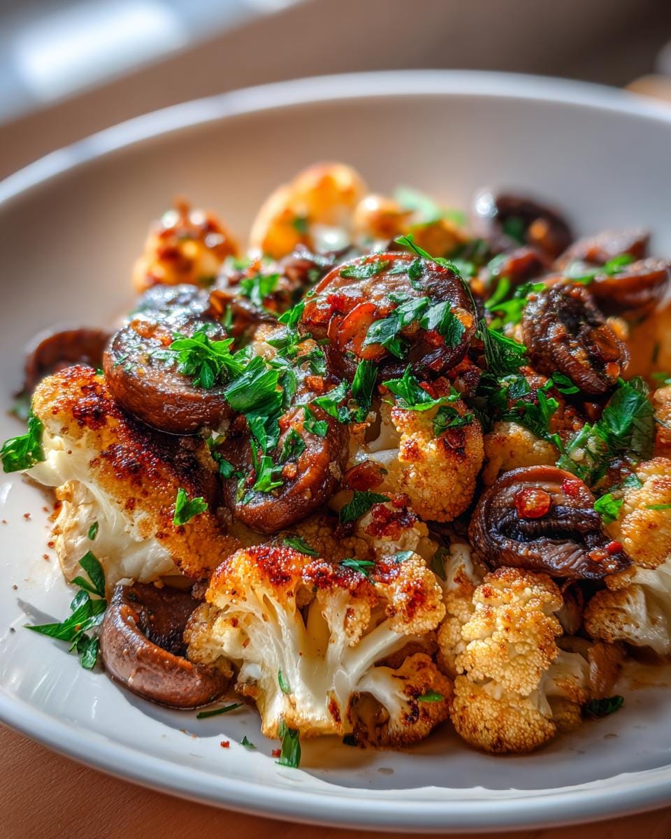 Close-up of garlic sautéed mushrooms and cauliflower, garnished with fresh parsley.