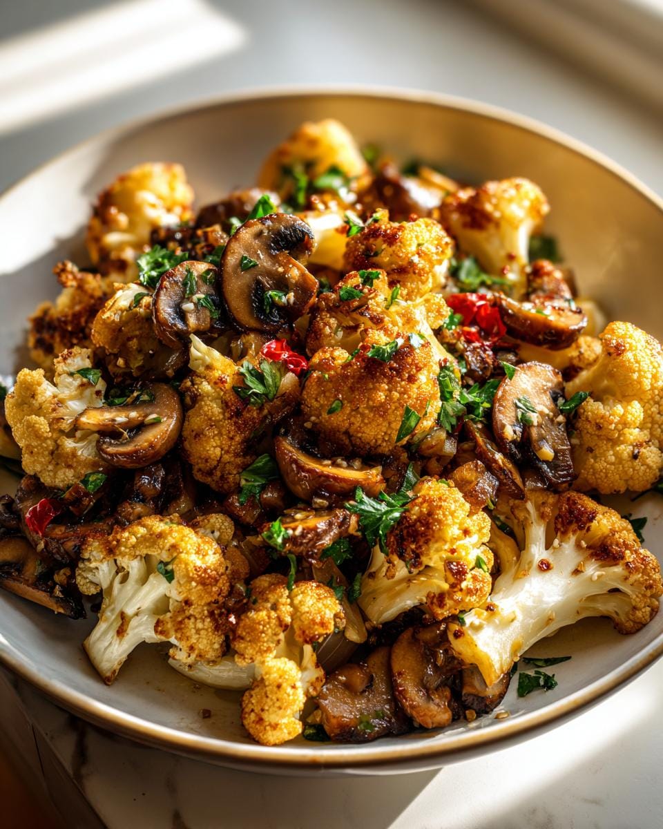 A close-up of garlic sautéed mushrooms and cauliflower in a bowl, garnished with parsley and red pepper flakes.