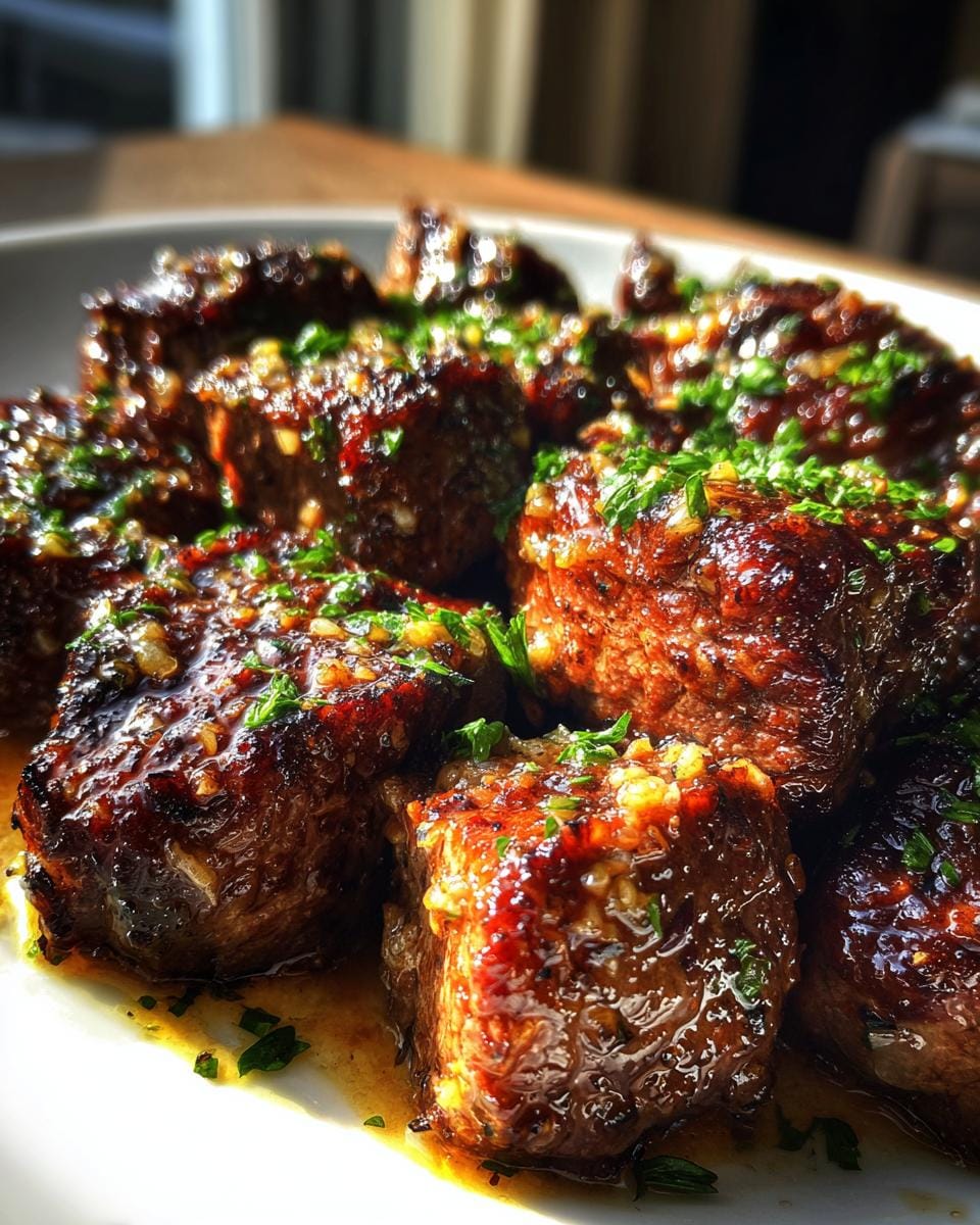 Close-up of juicy Garlic Steak Bites, glistening with sauce and sprinkled with fresh parsley.