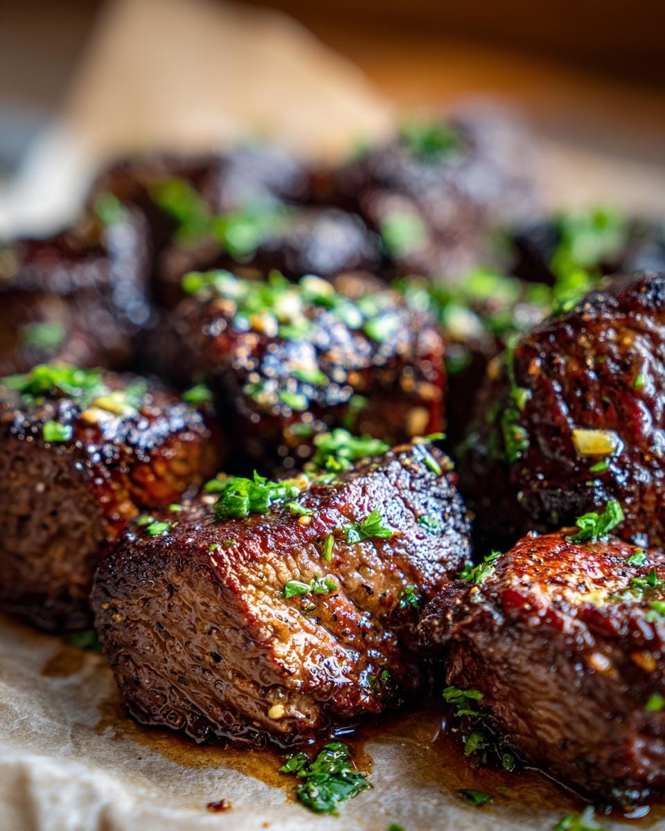 Close-up of tender Garlic Steak Bites, glistening with sauce and sprinkled with fresh green herbs.
