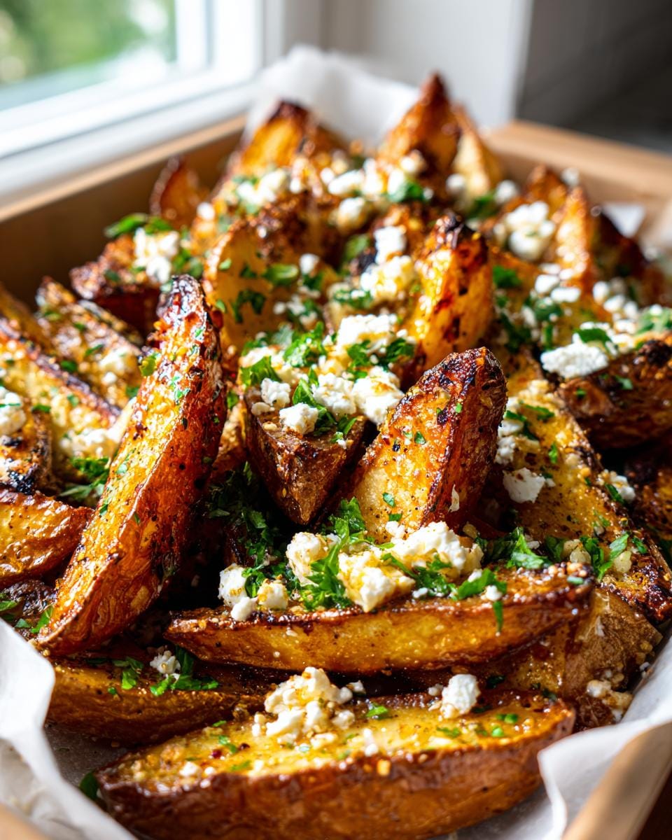 Close-up of golden brown Greek Feta Roasted Potatoes sprinkled with fresh parsley.