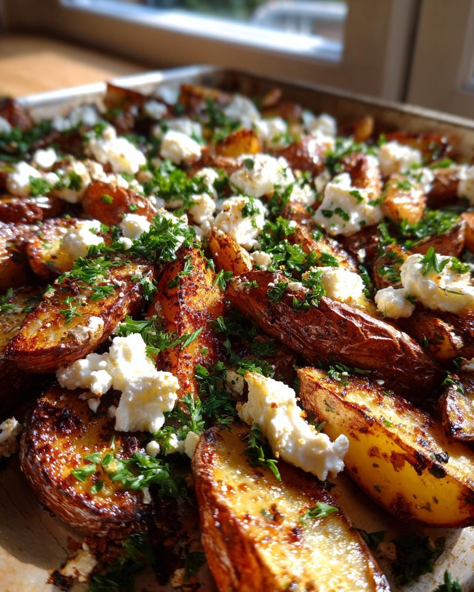 Golden brown Greek feta roasted potatoes sprinkled with fresh parsley on a baking sheet.