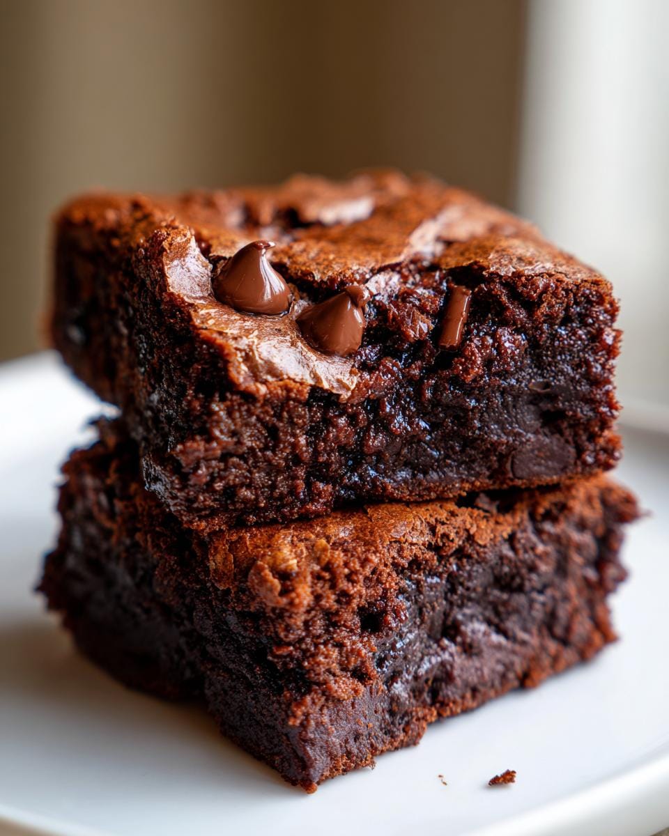 Two stacked Greek Yogurt Brownies topped with melted chocolate chips on a white plate.