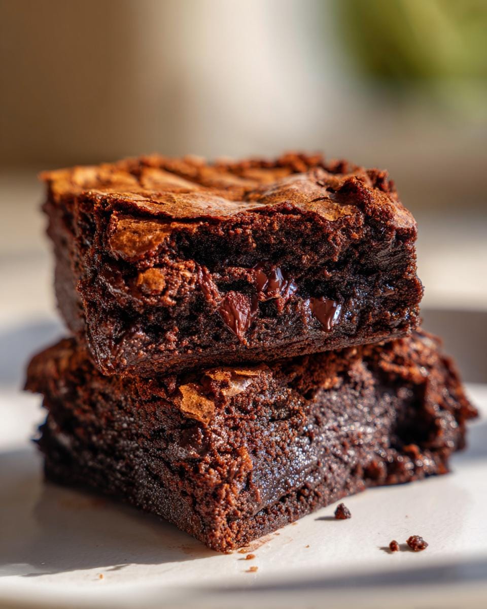 A close-up of two rich, fudgy Greek Yogurt Brownies stacked on a plate, with visible chocolate chips.