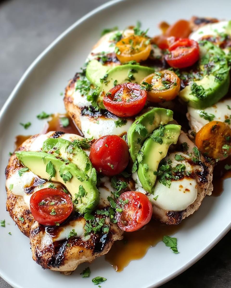 Close-up of Grilled Avocado Chicken with Tomato and Cheese, topped with fresh avocado slices, cherry tomatoes, and parsley.