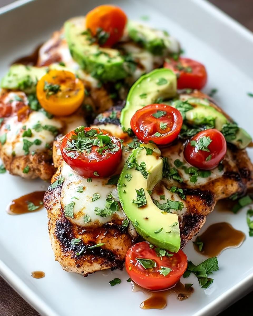 Close-up of grilled chicken topped with melted cheese, fresh avocado slices, cherry tomatoes, and chopped parsley.