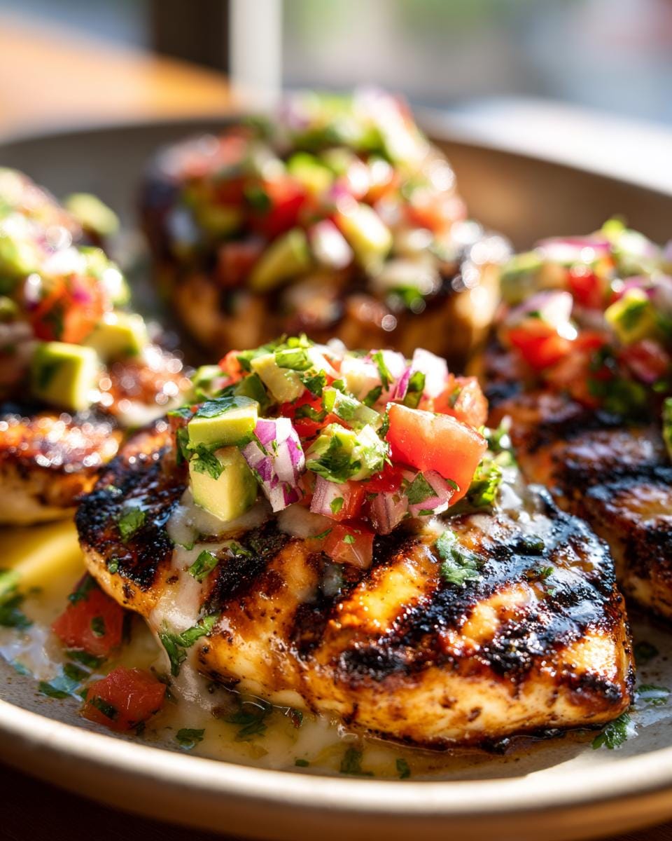 Close-up of perfectly grilled California Avocado Chicken topped with a vibrant salsa of diced avocado, tomato, and red onion.