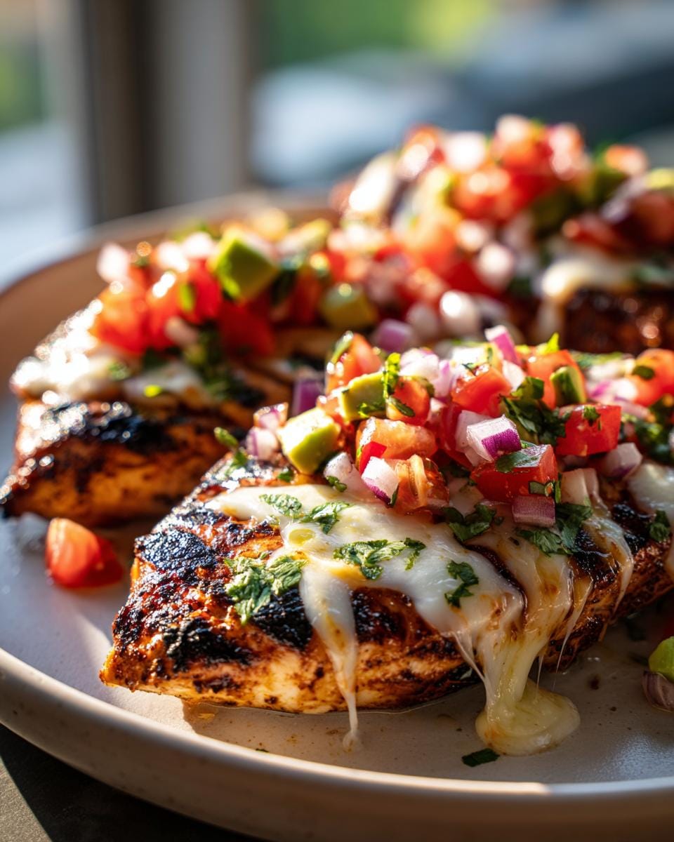 Close-up of Grilled California Avocado Chicken topped with melted cheese and fresh pico de gallo.