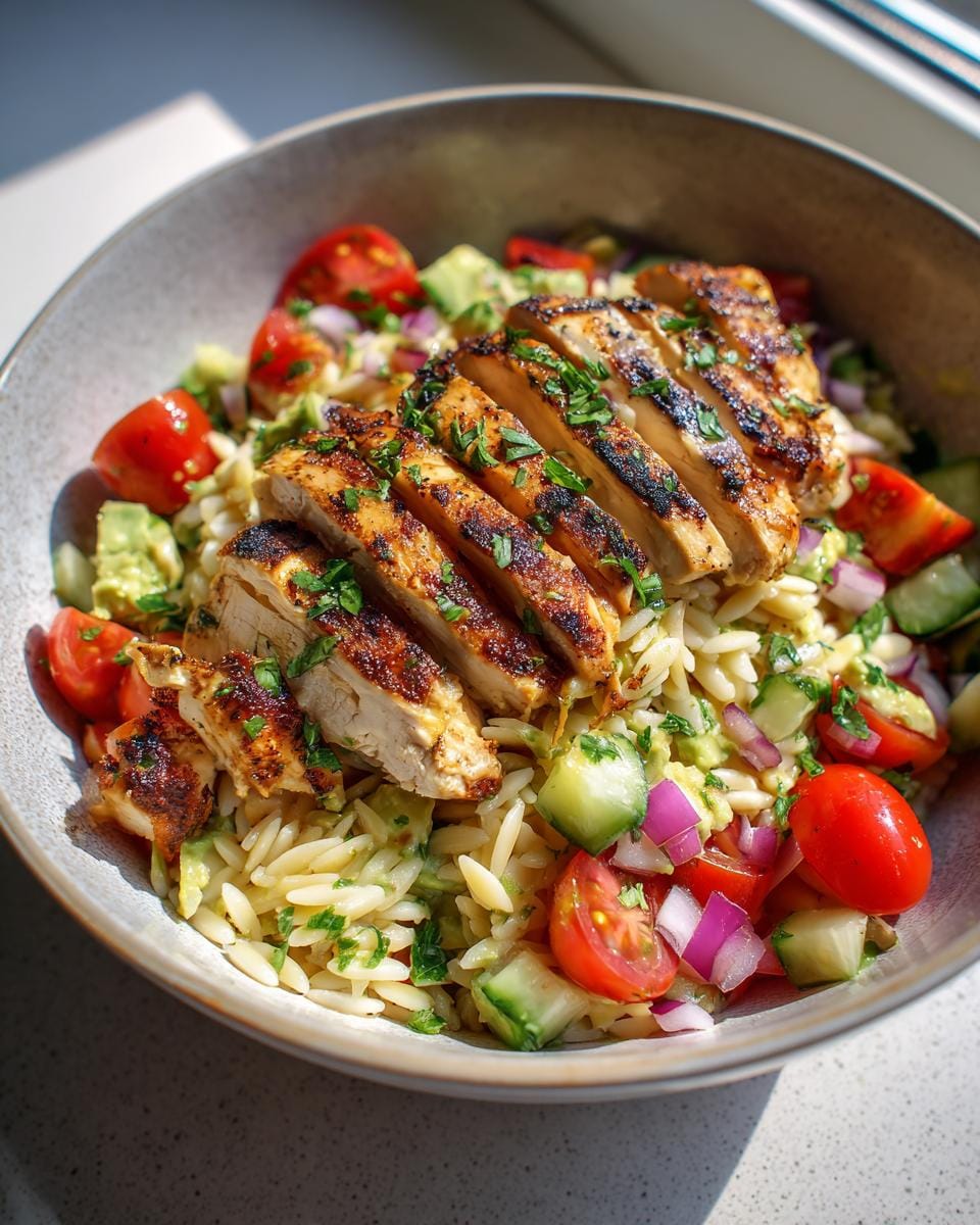 A bowl of Grilled Chicken Orzo Salad with Avocado, featuring sliced grilled chicken, orzo pasta, cherry tomatoes, cucumber, and red onion.