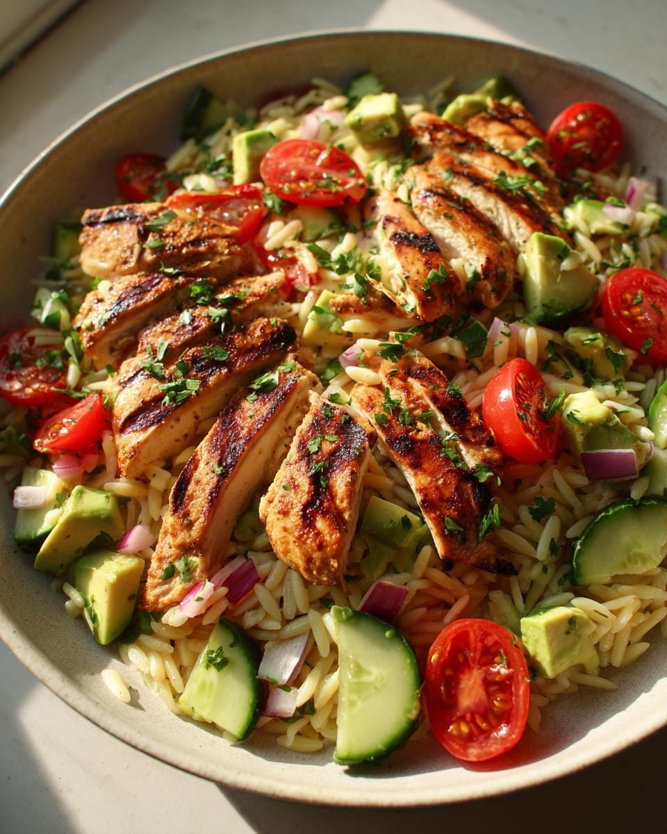 A close-up of a bowl of Grilled Chicken Orzo Salad with Avocado, cherry tomatoes, cucumber, and red onion.