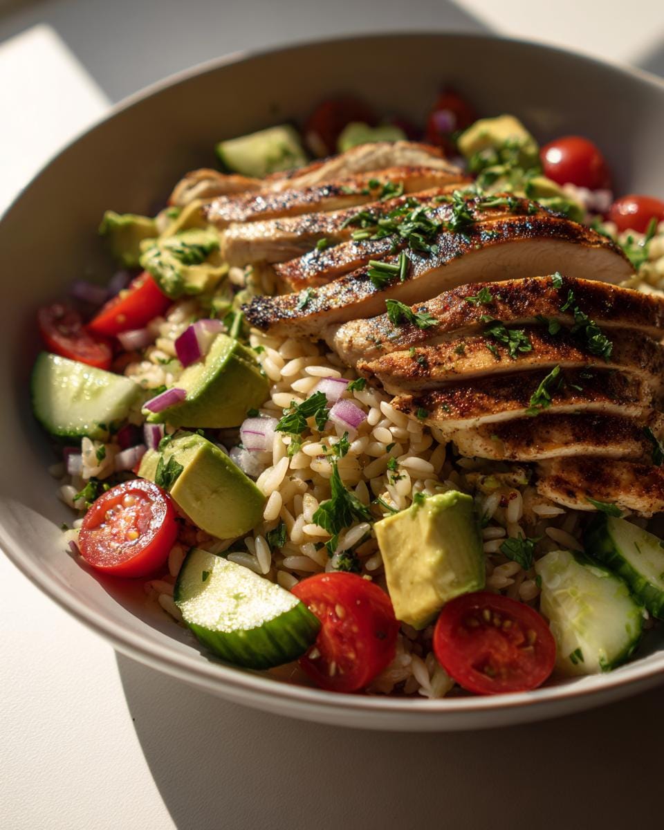 A bowl of Grilled Chicken Orzo Salad with Avocado, cherry tomatoes, cucumber, and red onion, topped with sliced grilled chicken.