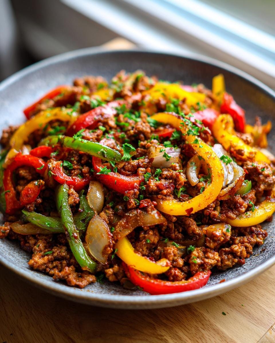 A close-up of a bowl filled with seasoned ground turkey and colorful bell peppers, garnished with fresh parsley.