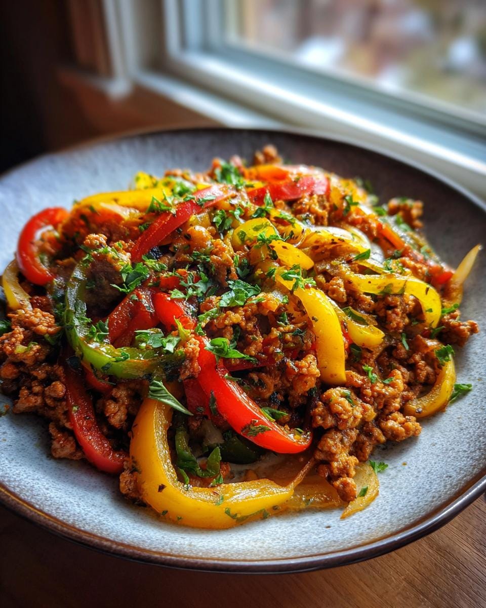 A close-up of a bowl filled with colorful Ground Turkey and Peppers, garnished with fresh parsley.