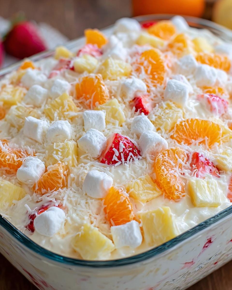 A close-up of a creamy Hawaiian Cheesecake Salad dessert in a glass dish, topped with pineapple, mandarin oranges, strawberries, marshmallows, and coconut.