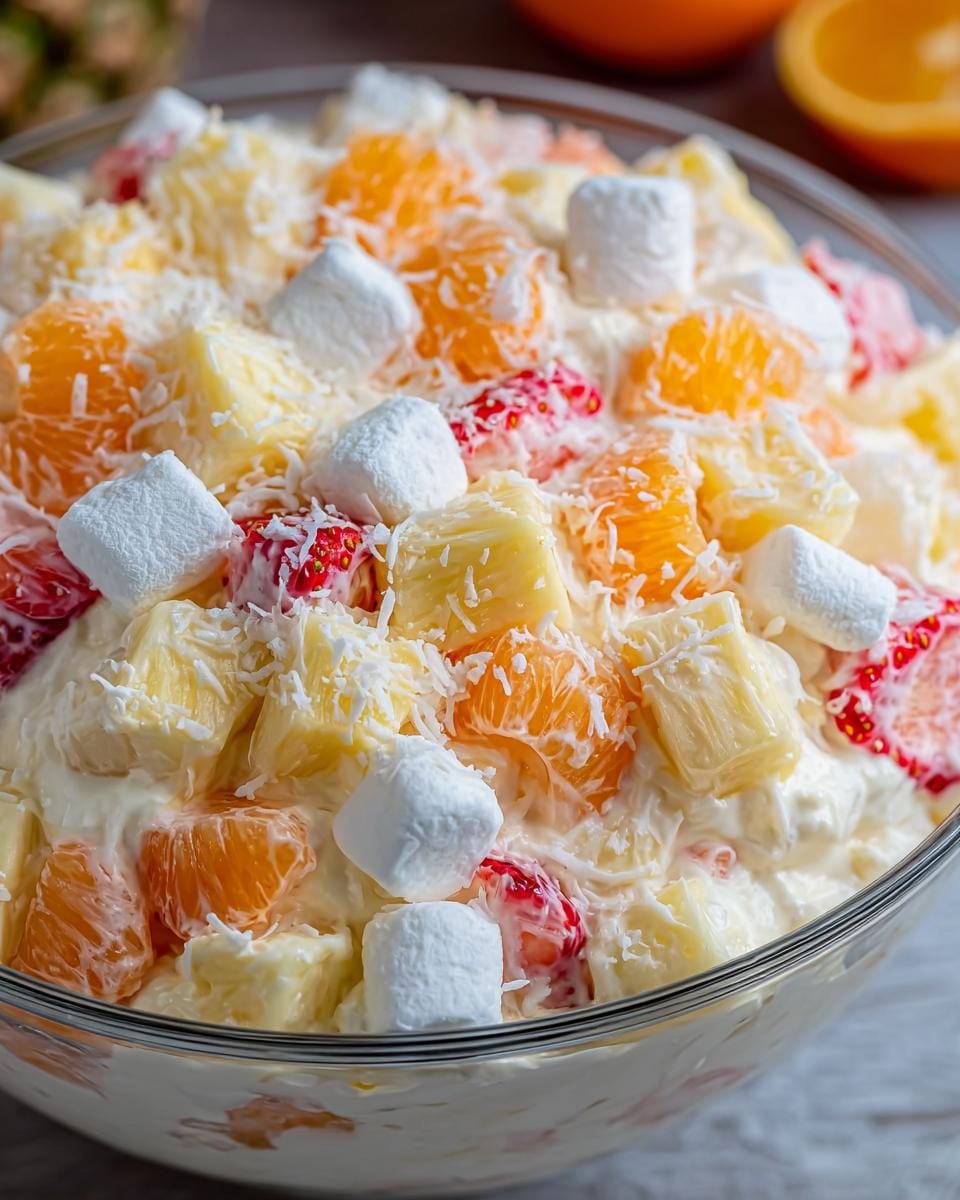 Close-up of a creamy Hawaiian Cheesecake Salad with pineapple chunks, mandarin oranges, strawberries, mini marshmallows, and shredded coconut.