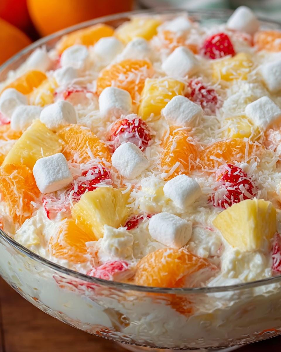 A close-up of a glass bowl filled with creamy Hawaiian Cheesecake Salad, featuring pineapple chunks, mandarin oranges, strawberries, marshmallows, and shredded coconut.