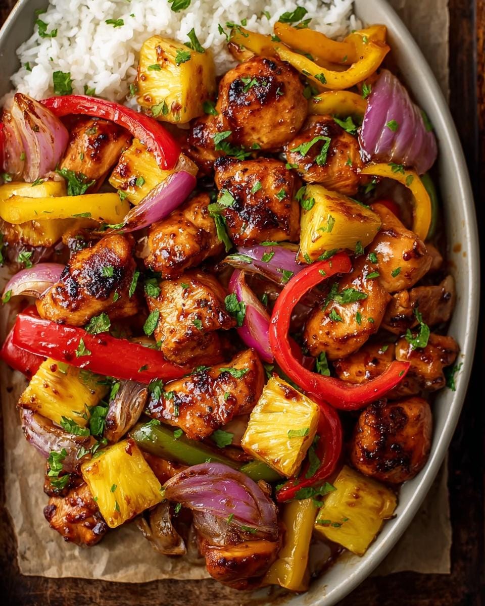Close-up of Hawaiian Chicken Sheet Pan with Pineapple, bell peppers, red onion, and rice, garnished with parsley.