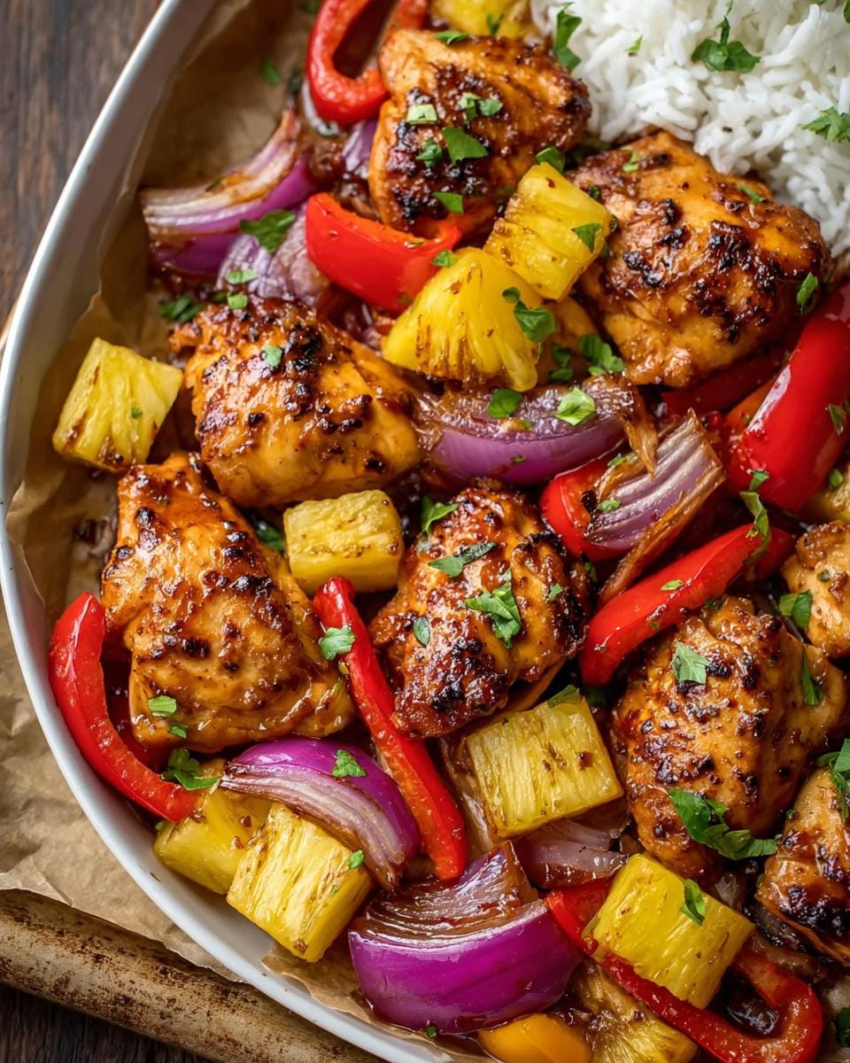 A close-up of Hawaiian Chicken Sheet Pan with Pineapple, featuring glazed chicken pieces, pineapple chunks, red bell peppers, and red onion.