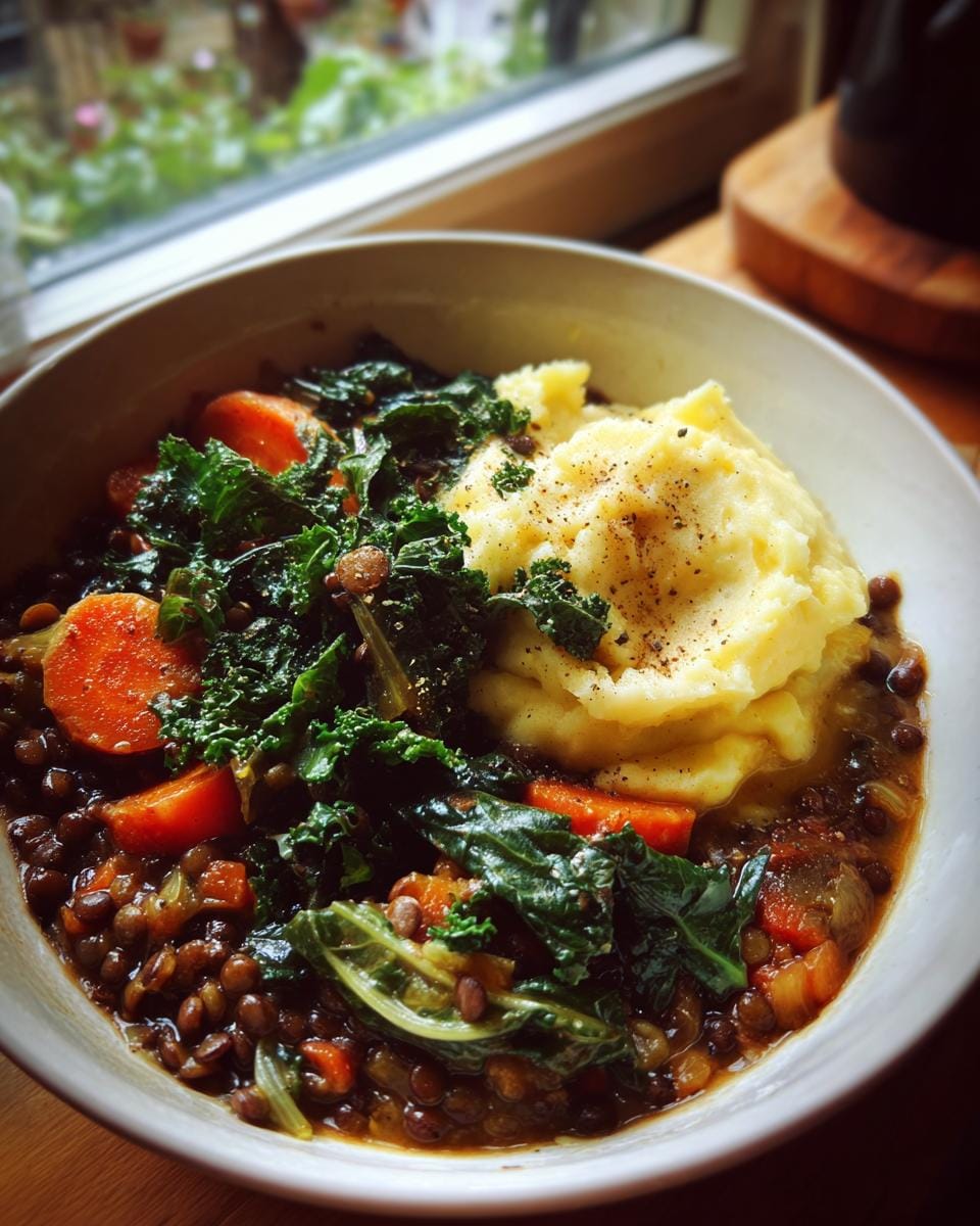 A bowl of hearty lentil stew with carrots and kale, topped with velvety mashed potatoes, seasoned with pepper.