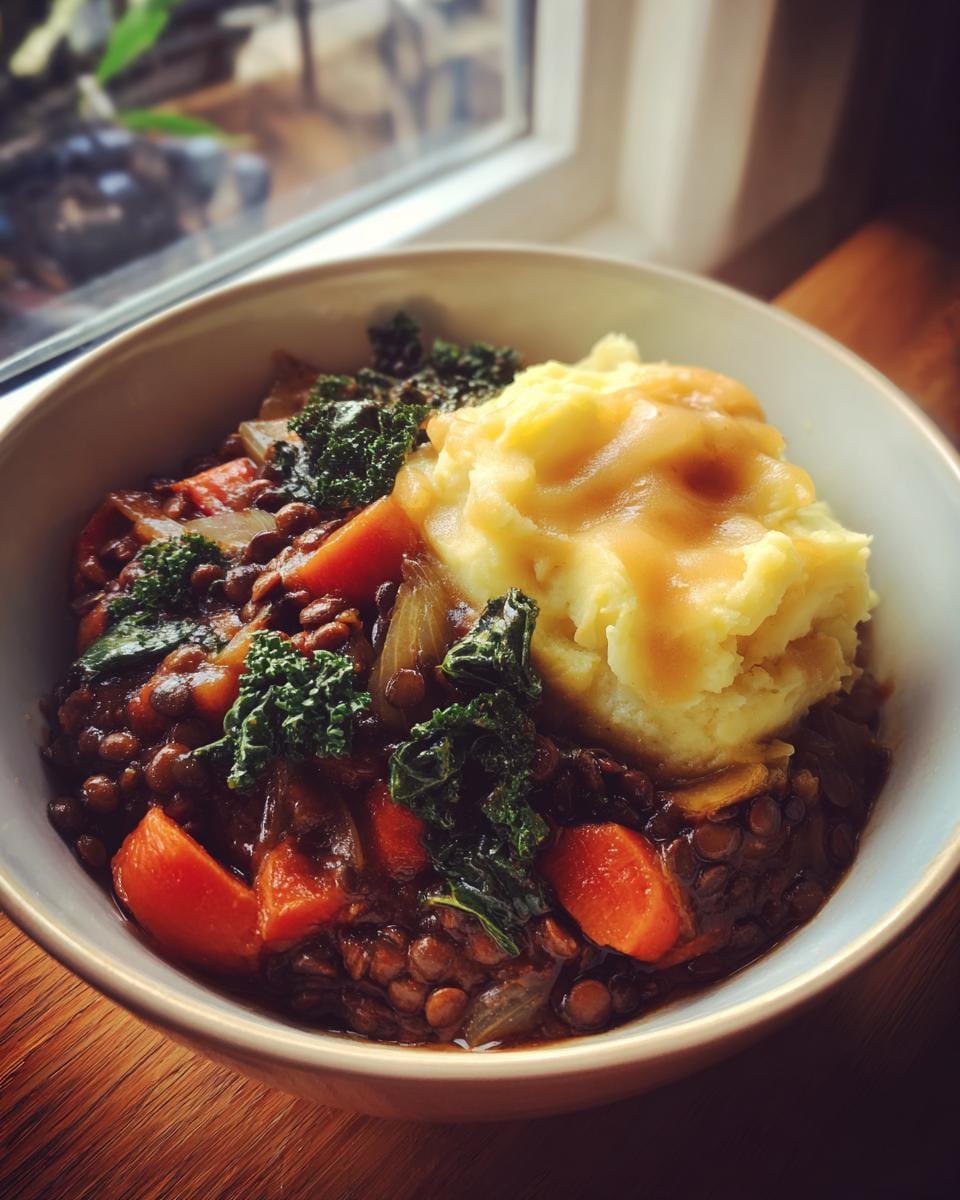 A bowl of hearty lentil stew topped with velvety mashed potatoes and gravy, garnished with kale.