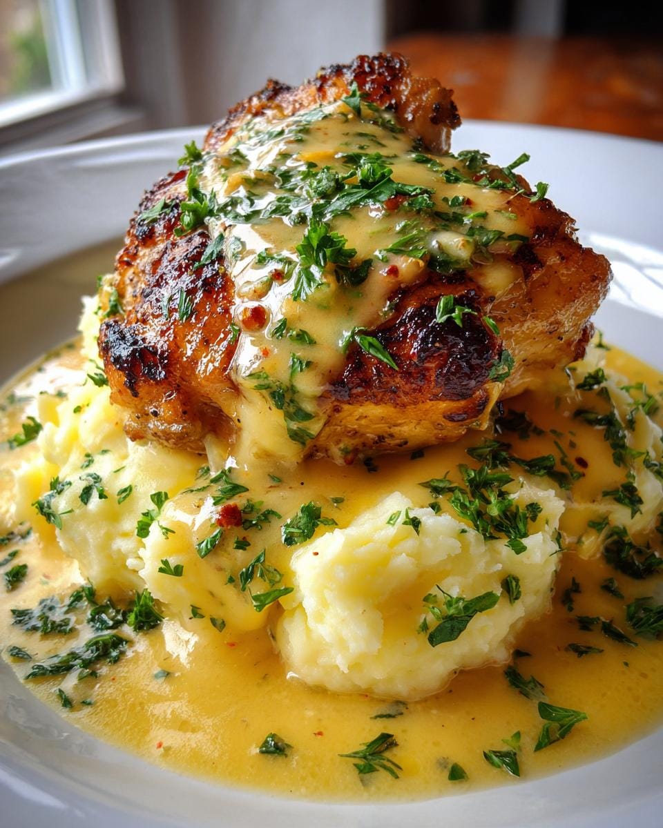 A serving of Herb and Garlic Chicken Skillet with Mashed Potatoes, topped with a creamy sauce and fresh parsley.