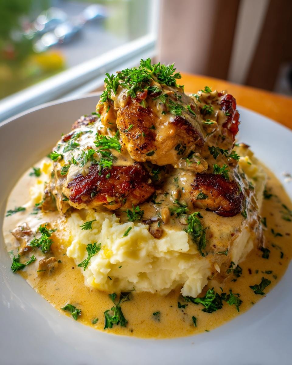 A serving of Herb and Garlic Chicken Skillet with Mashed Potatoes, topped with creamy sauce and fresh parsley.