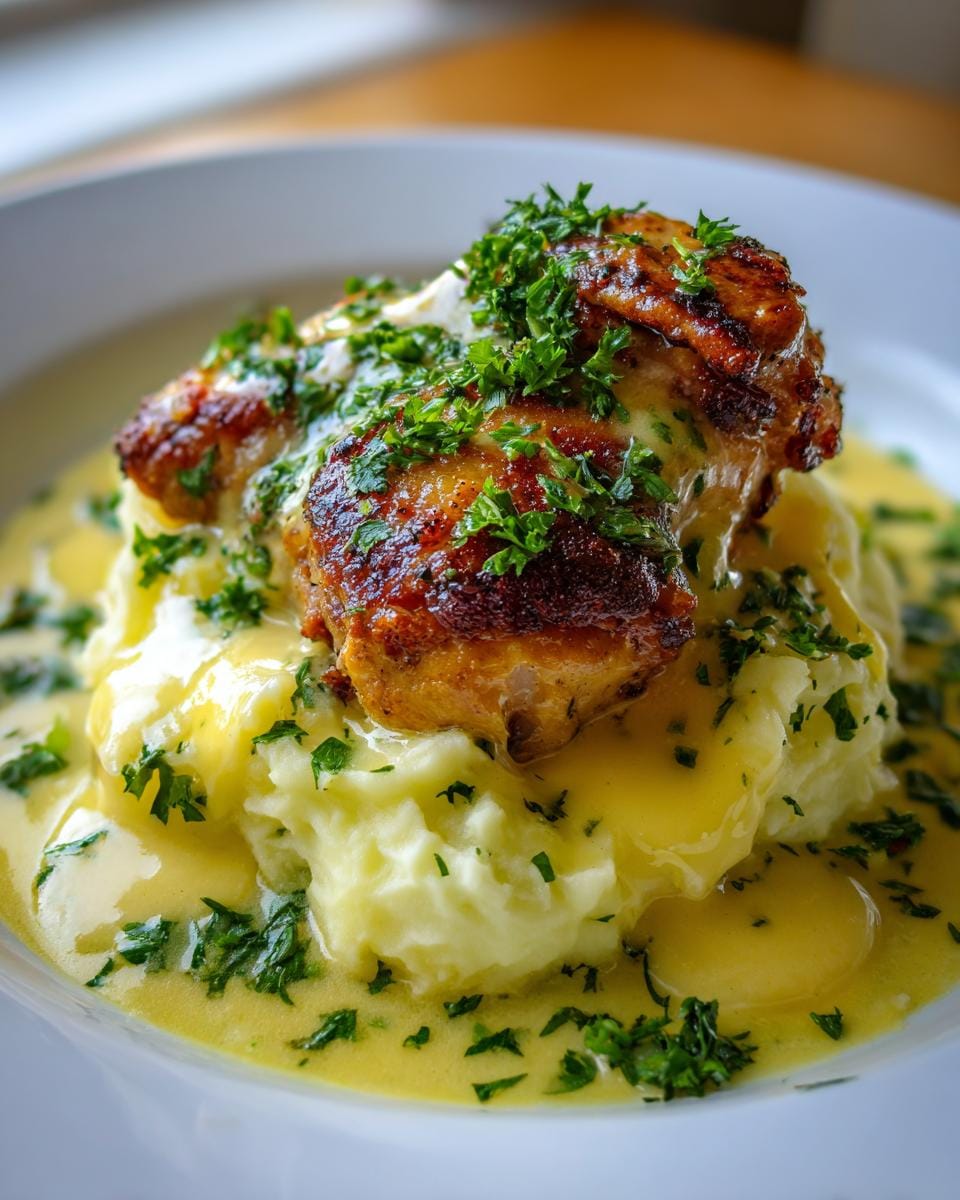 Close-up of Herb and Garlic Chicken Skillet served over creamy mashed potatoes, garnished with fresh parsley.