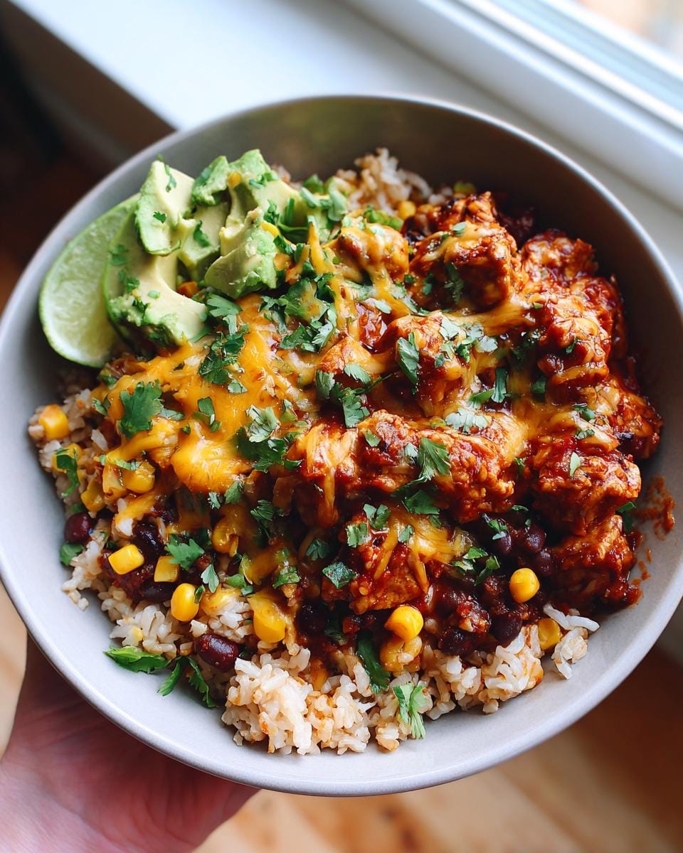 A bowl of High Protein Chicken Enchilada Bowls with rice, black beans, corn, chicken, melted cheese, avocado, and cilantro.