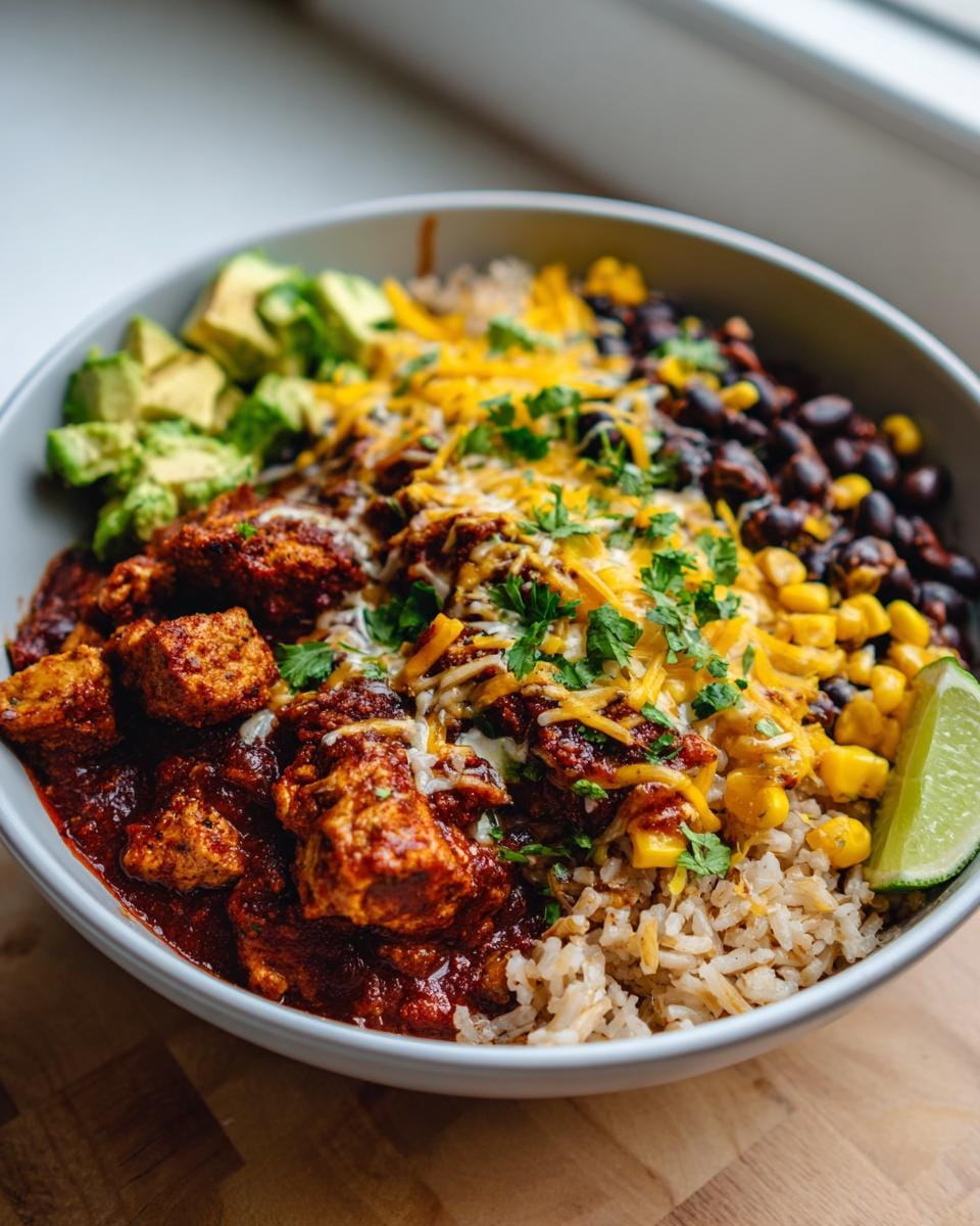 A vibrant High Protein Chicken Enchilada Bowl filled with chicken, rice, black beans, corn, avocado, cheese, and lime.