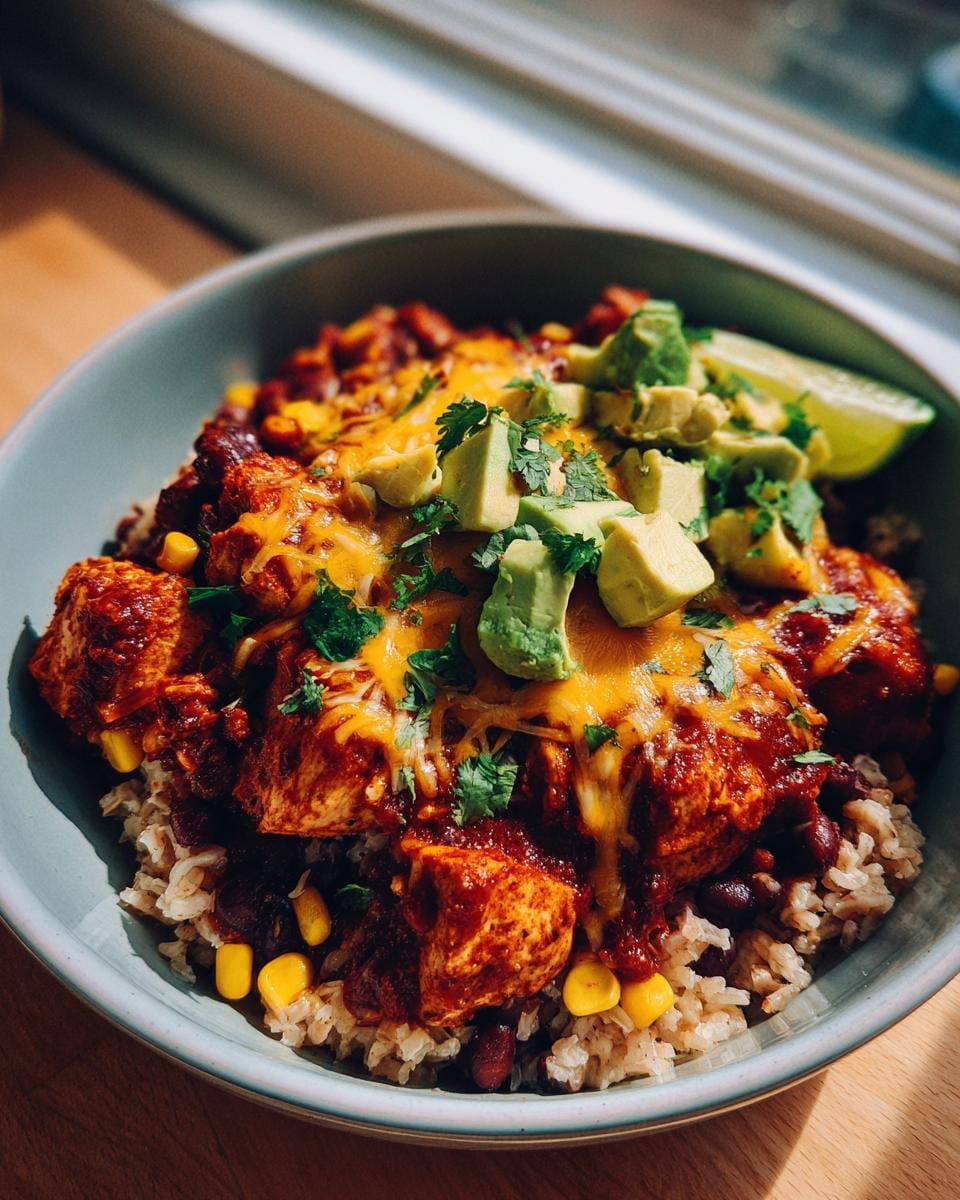 A close-up of a High Protein Chicken Enchilada Bowl topped with melted cheese, avocado, and cilantro.