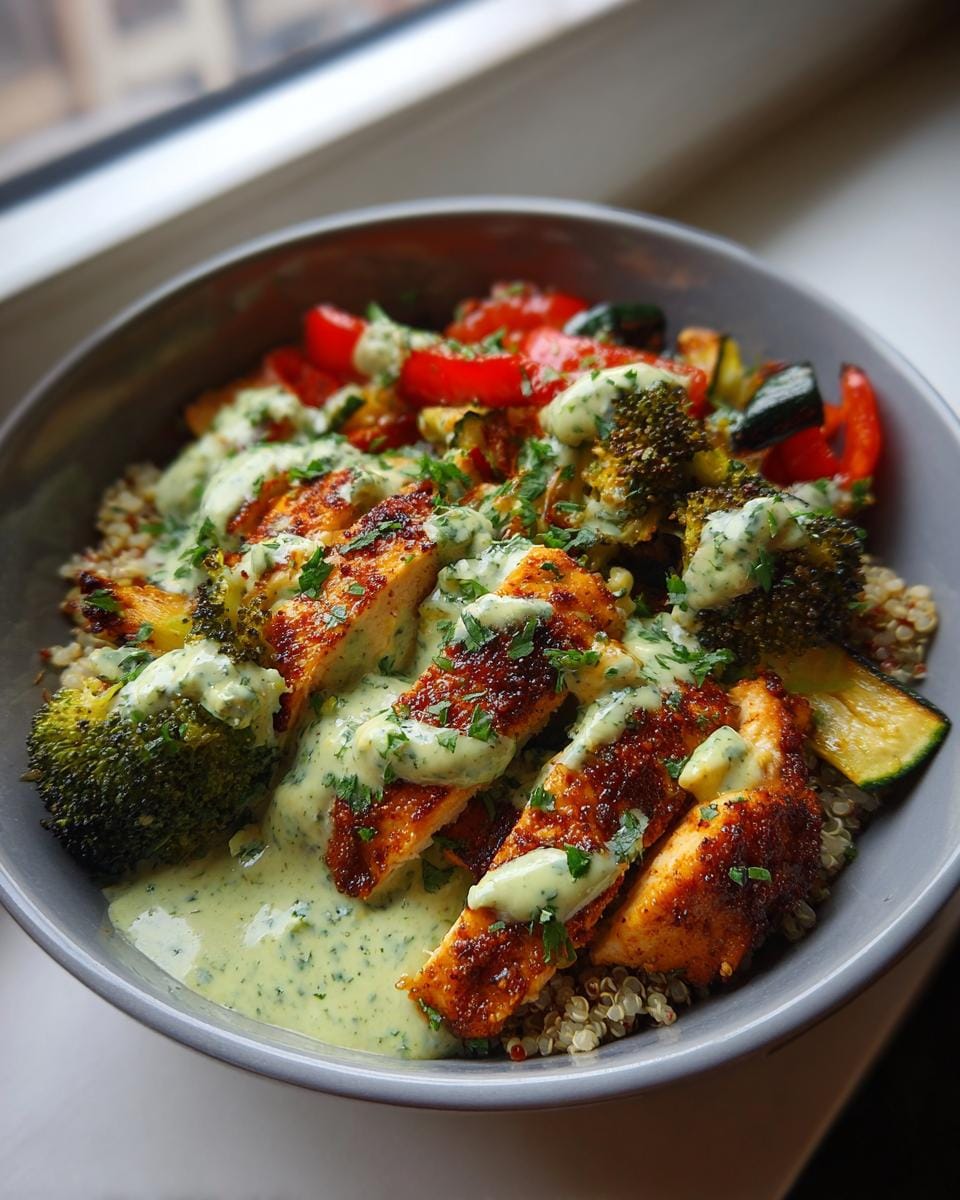 A delicious High Protein Chicken Power Bowl filled with grilled chicken, broccoli, bell peppers, zucchini, and quinoa, drizzled with a creamy herb sauce.