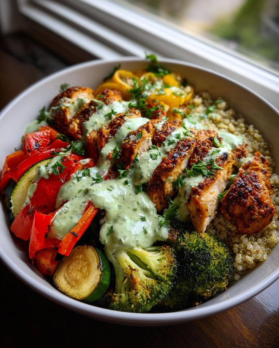 A vibrant High Protein Chicken Power Bowl filled with sliced grilled chicken, quinoa, roasted broccoli, zucchini, bell peppers, and a creamy green dressing.