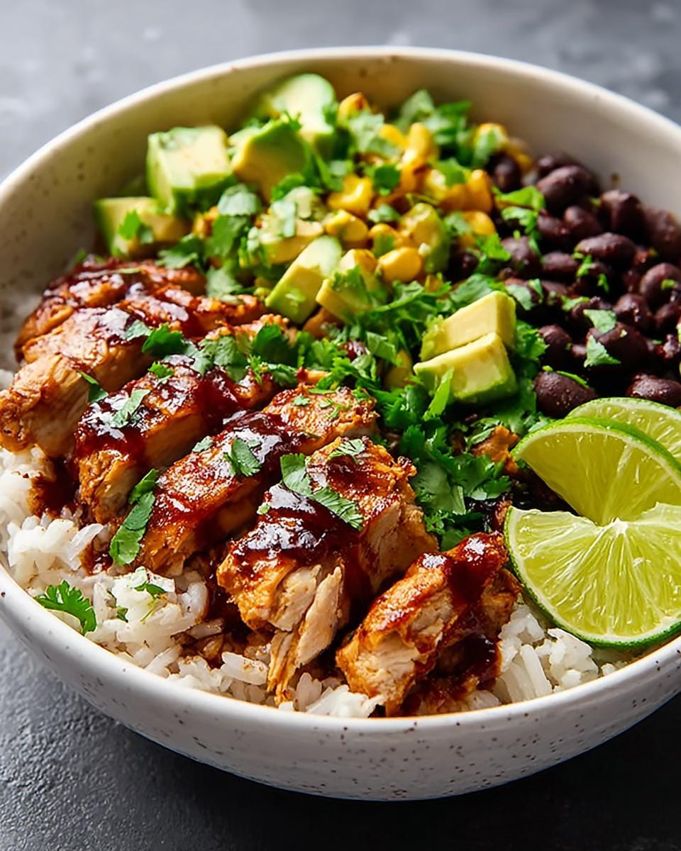 A close-up of Honey Chipotle Chicken Rice Bowls, featuring sliced chicken, rice, black beans, corn, avocado, cilantro, and lime wedges.