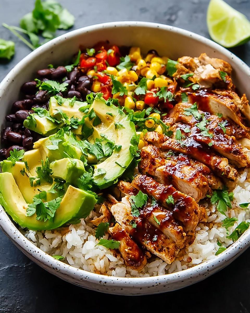A vibrant bowl of Honey Chipotle Chicken Rice Bowls, featuring sliced chicken, rice, black beans, corn, tomatoes, and avocado, garnished with cilantro.