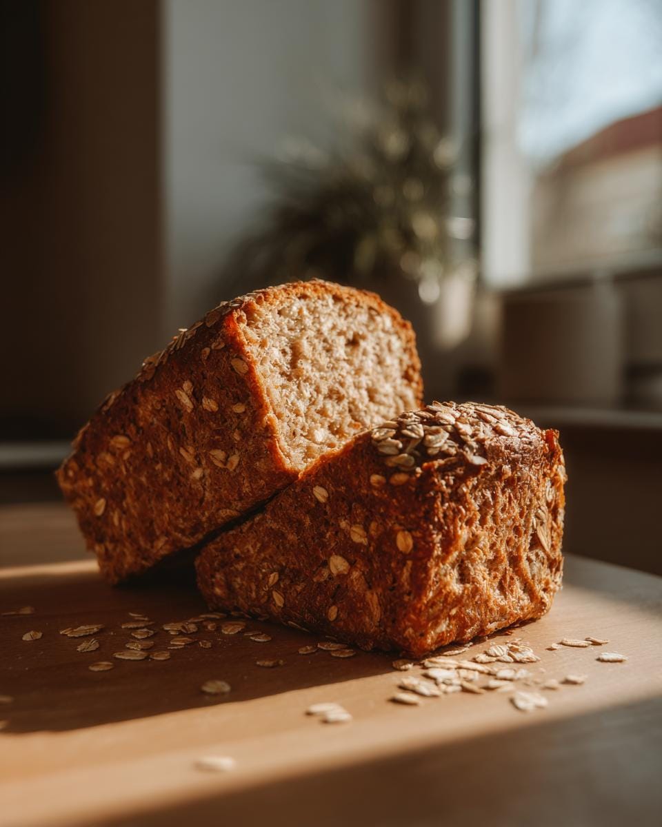 A loaf of Honey Cinnamon Oatmeal Bread, sliced in half, showcasing its texture and oat topping.