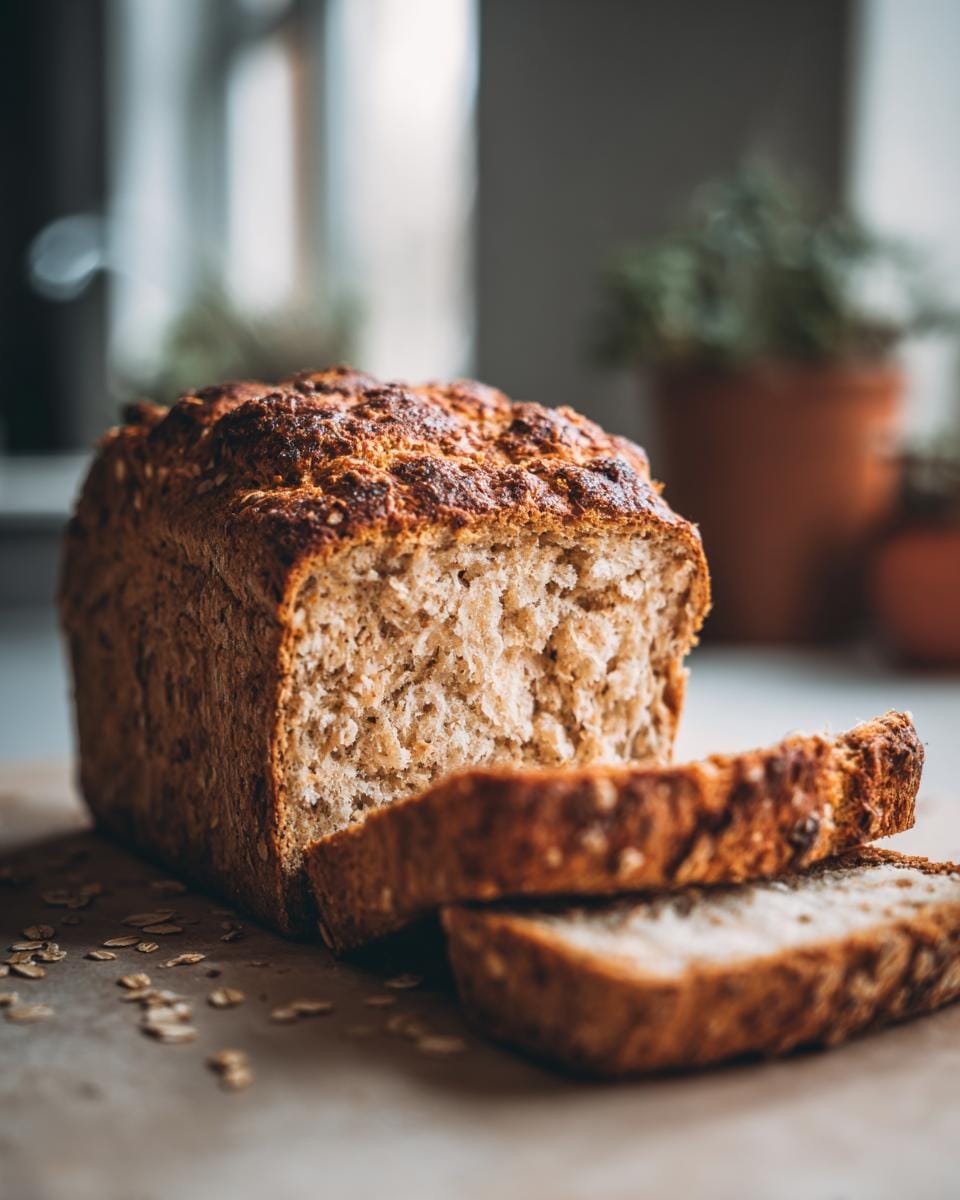 A rustic loaf of Honey Cinnamon Oatmeal Bread, with two slices cut and resting in front.