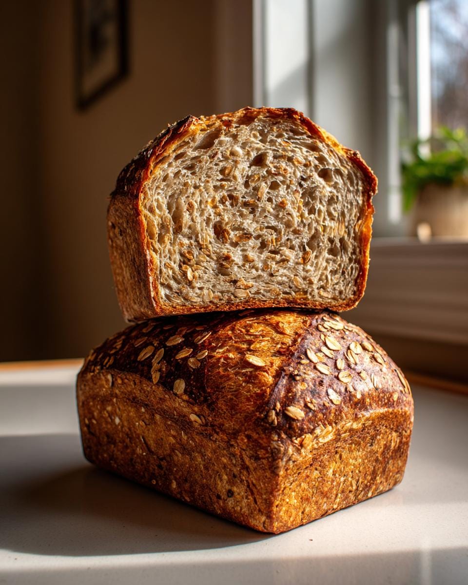 A stack of two loaves of Honey Cinnamon Oatmeal Bread, one sliced to reveal the texture.