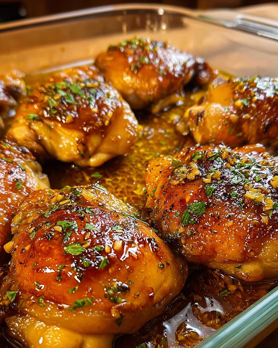 Close-up of juicy Honey Garlic Chicken Thigh Bake in a glass dish, glistening with sauce and topped with herbs.
