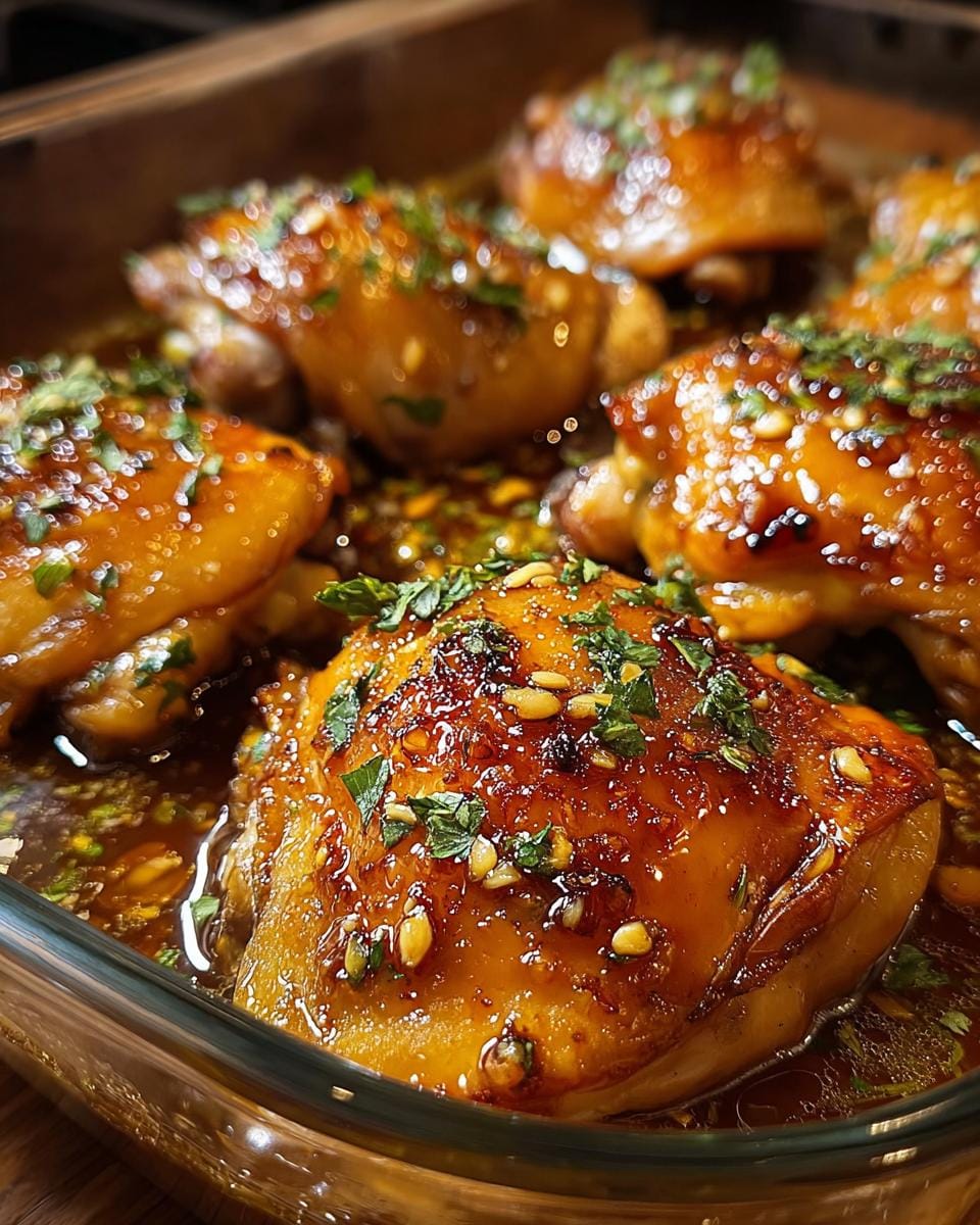 Close-up of juicy Honey Garlic Chicken Thigh Bake in a glass dish, glazed and sprinkled with herbs.